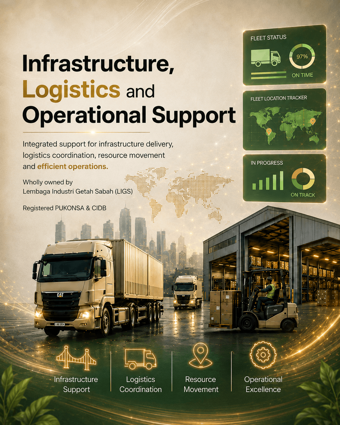 Infrastructure, Logistics and Operational Support poster showing trucks, warehousing, fleet tracking and operational support.