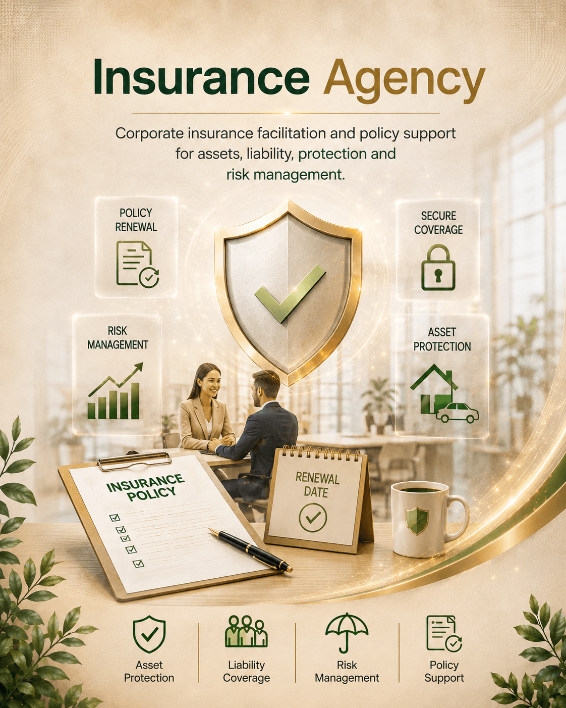 Insurance Agency poster featuring policy renewal, risk management, secure coverage and asset protection.